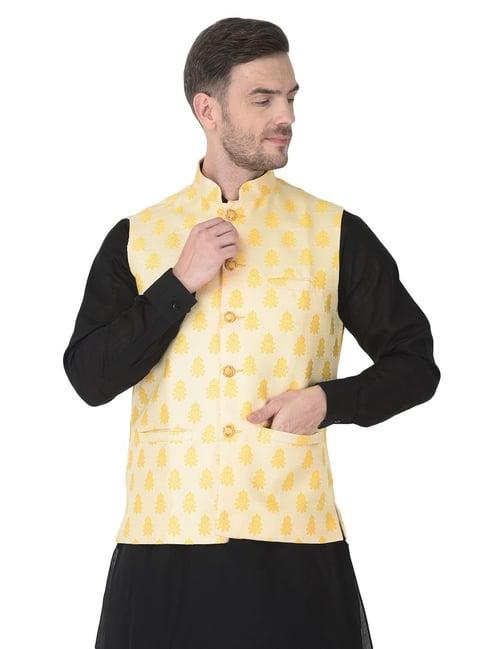 sg leman yellow regular fit printed waistcoats