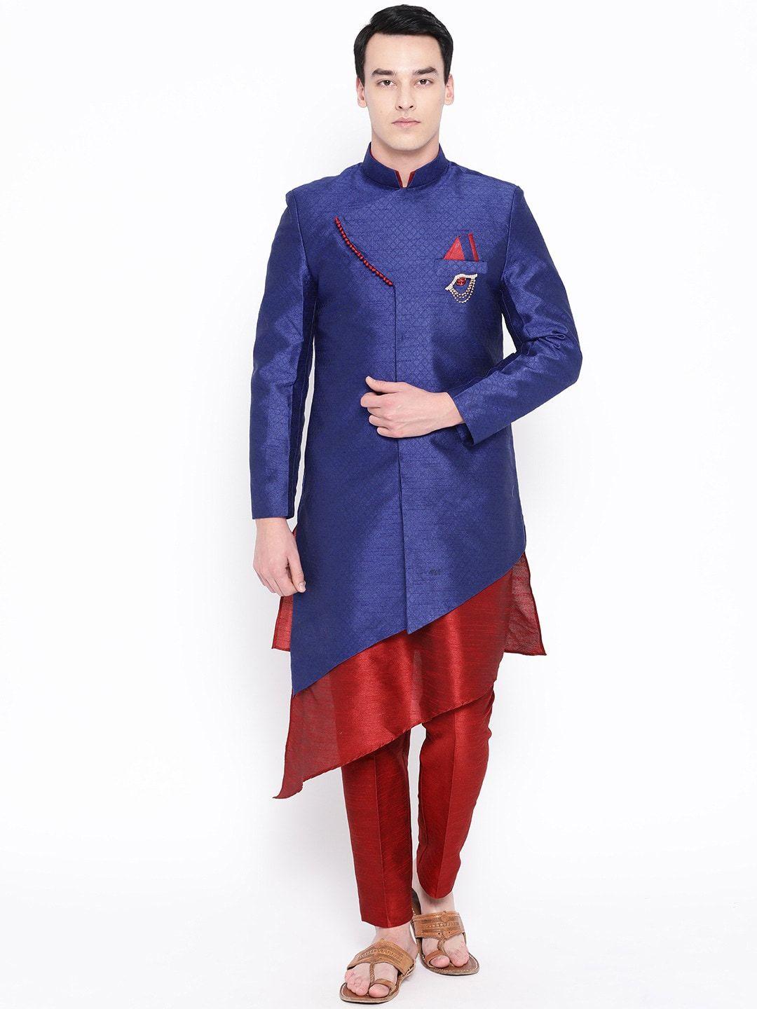 sg rajasahab men blue & red woven design sherwani set with anchkan