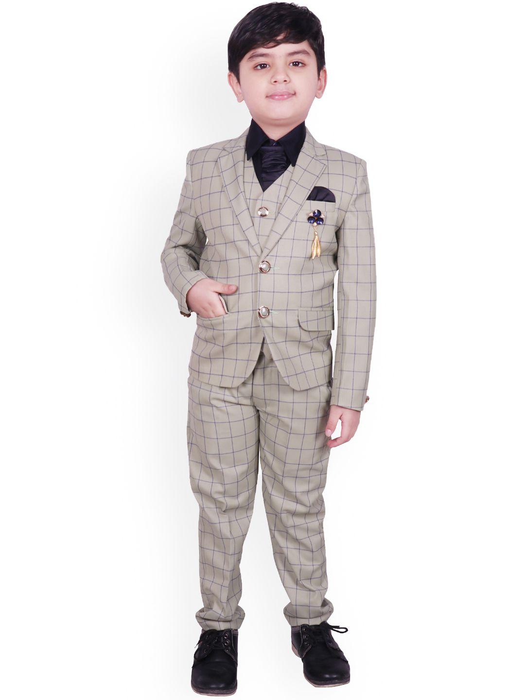 sg yuvraj boys beige & blue checked single-breasted formal 3 piece suit with accessories