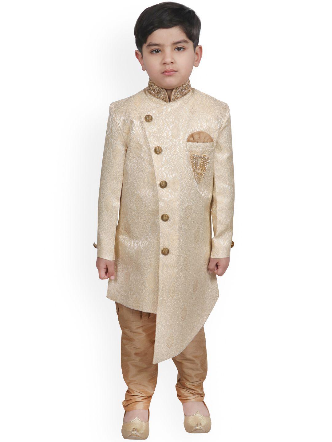sg yuvraj boys beige self-designed sherwani