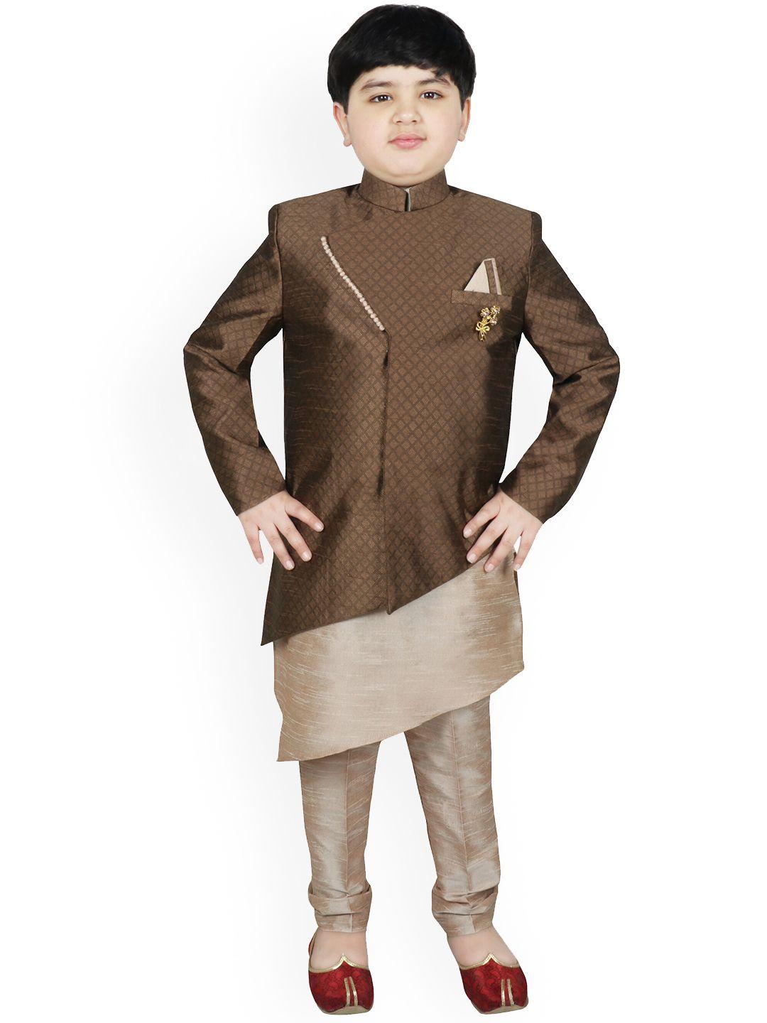 sg yuvraj boys brown & beige woven-design raw silk sherwani