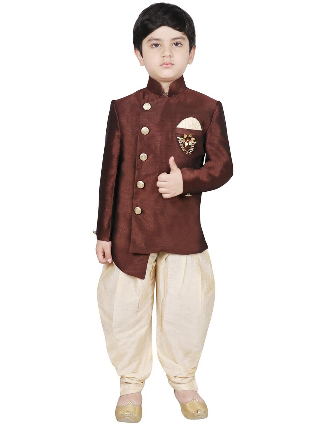 sg yuvraj boys brown & cream-coloured solid sherwani set