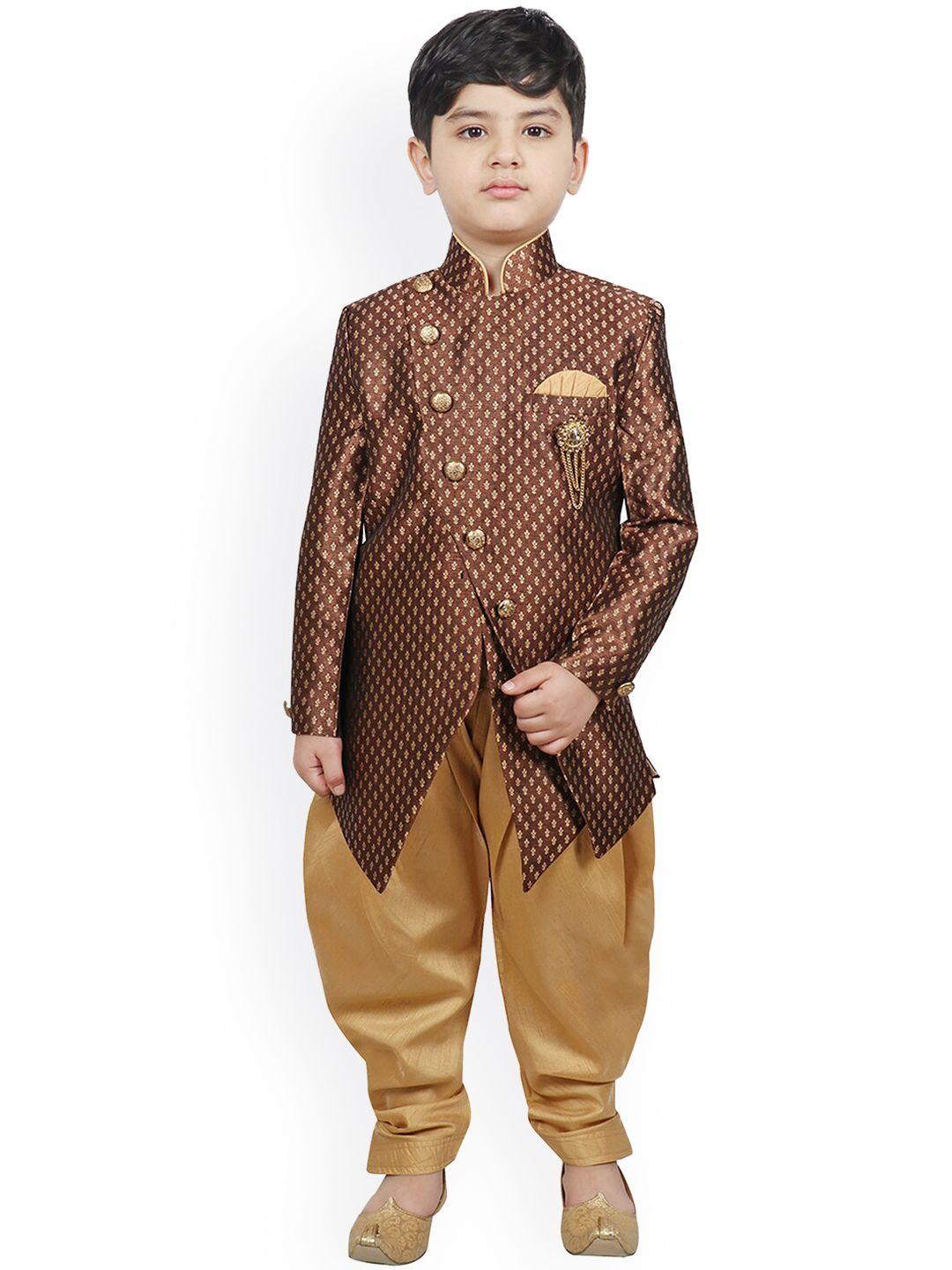 sg yuvraj boys brown & gold colored raw silk sherwani set