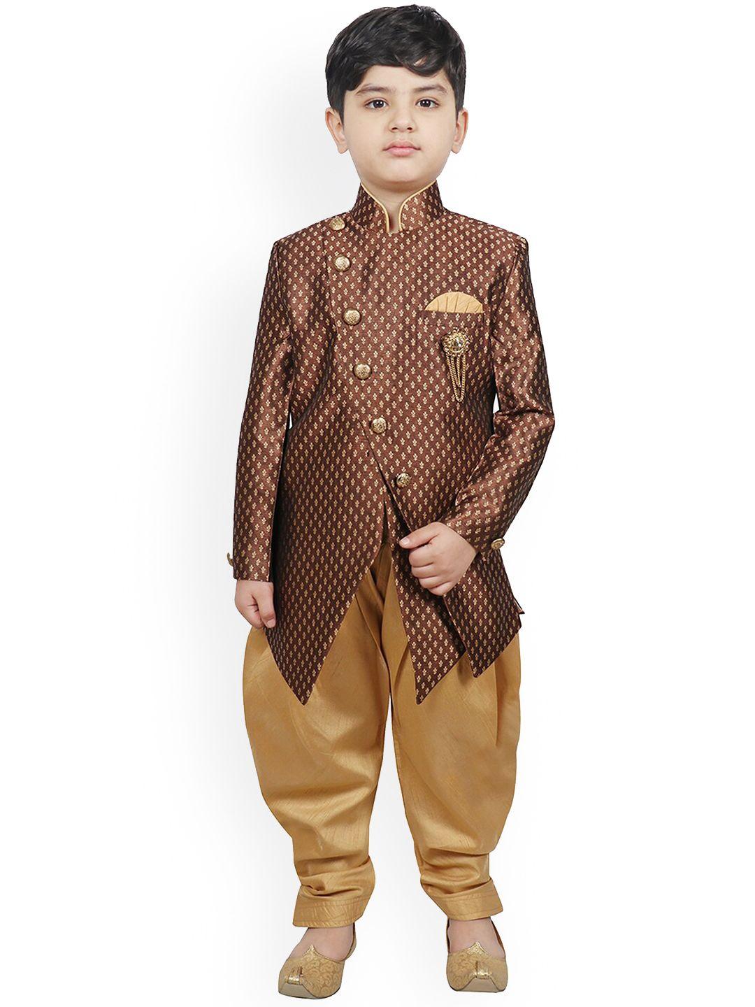 sg yuvraj boys brown & gold-coloured woven-design sherwani set