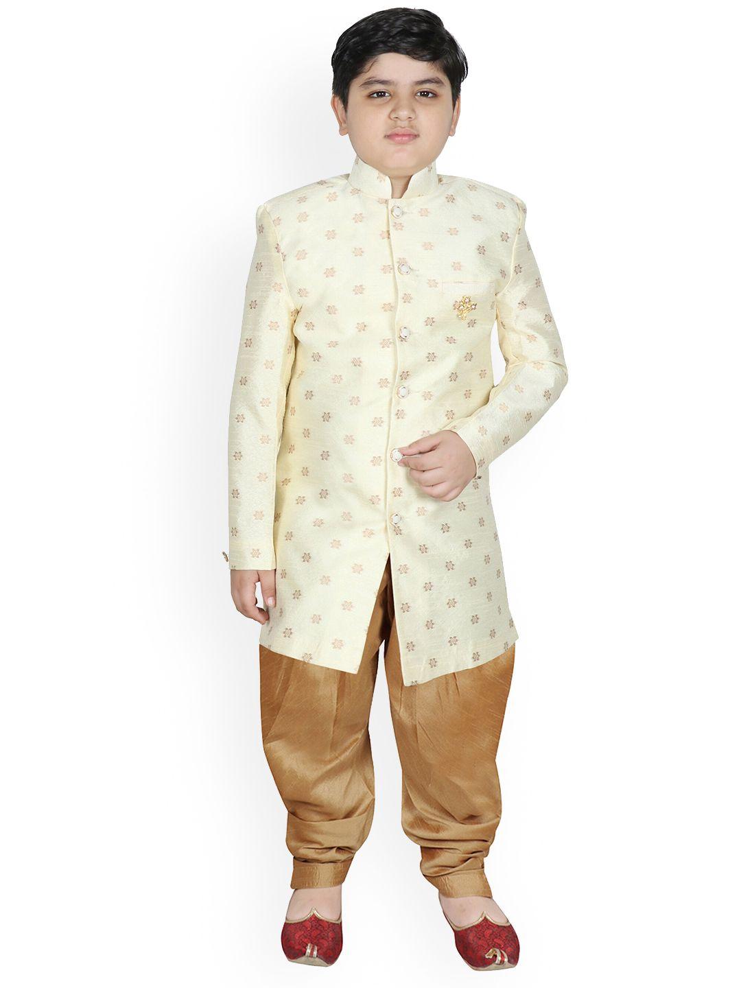 sg yuvraj boys cream & brown printed sherwani with dhoti pant