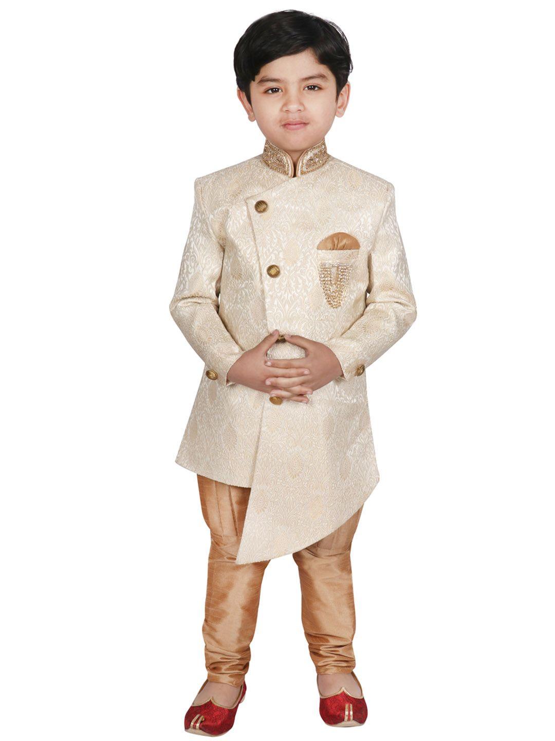 sg yuvraj boys cream-coloured & beige embroidered sherwani