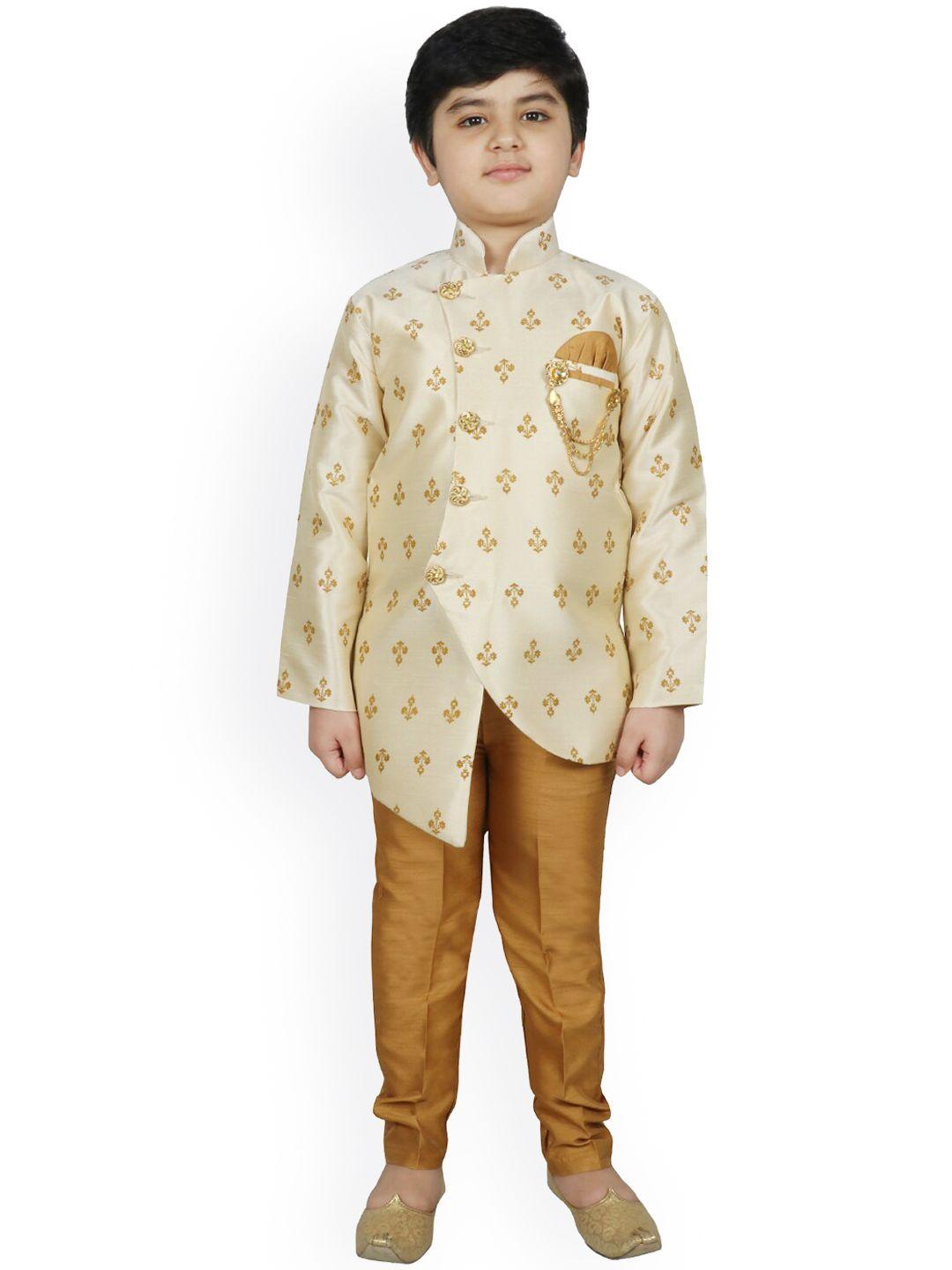 sg yuvraj boys cream-coloured & gold-coloured printed sherwani set