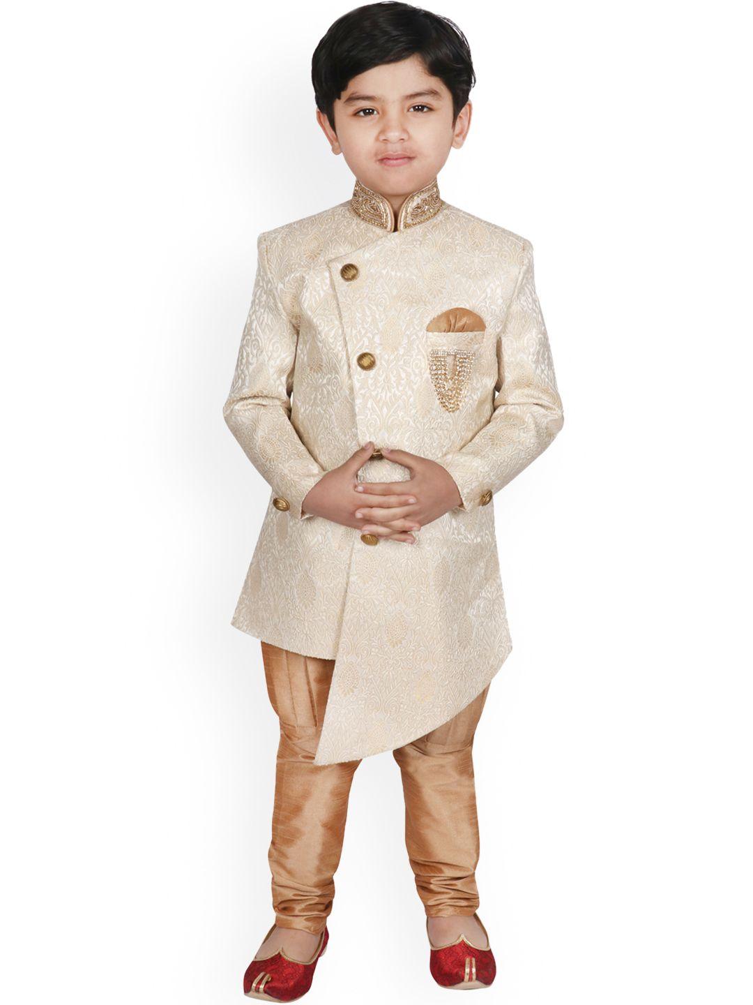 sg yuvraj boys cream-coloured beige self-designed sherwani