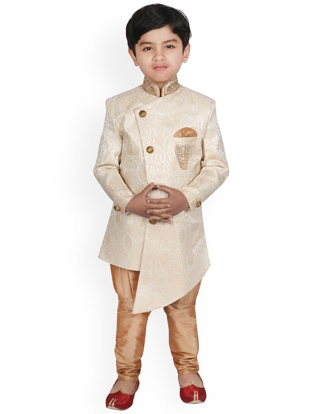 sg yuvraj boys cream-coloured woven design sherwani set