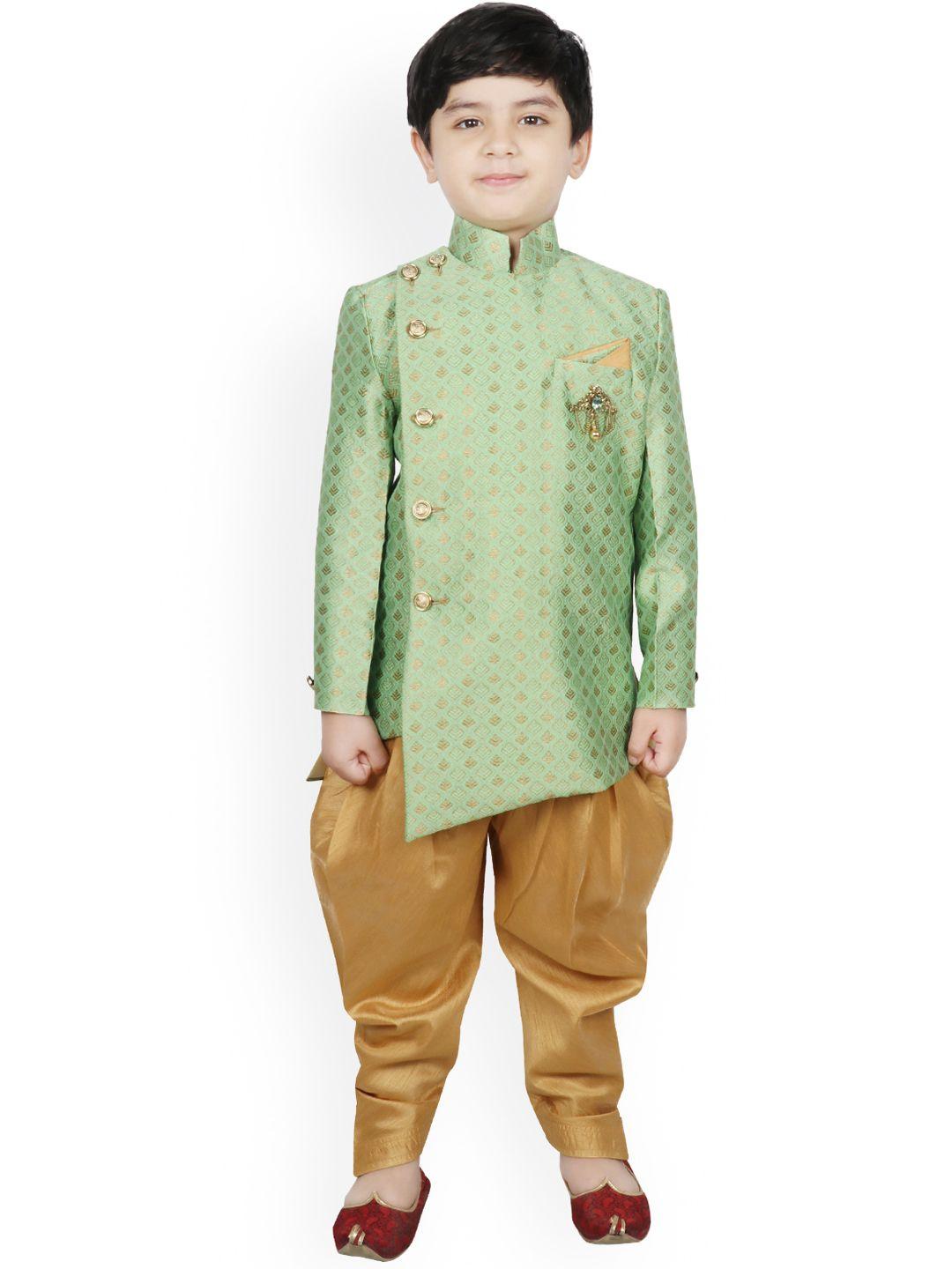 sg yuvraj boys green & gold-coloured woven-design raw-silk sherwani