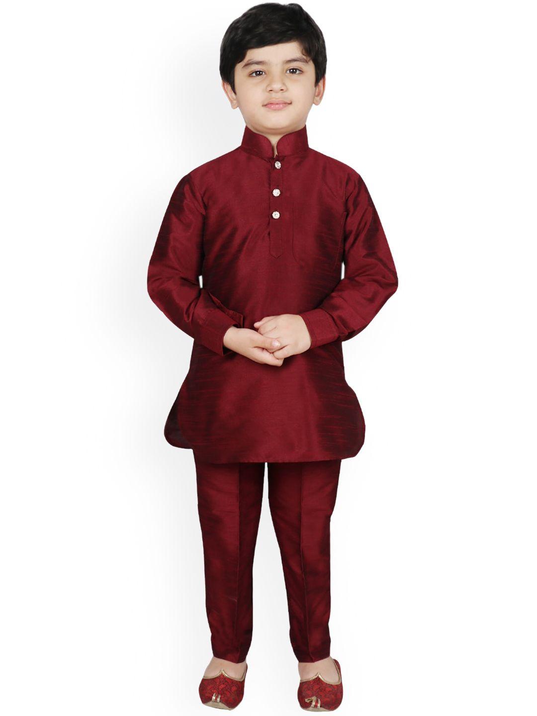 sg yuvraj boys maroon solid raw silk straight kurta with pyjamas