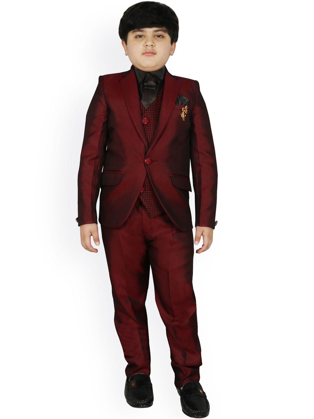 sg yuvraj boys maroon solid single-breasted 5-piece party suit