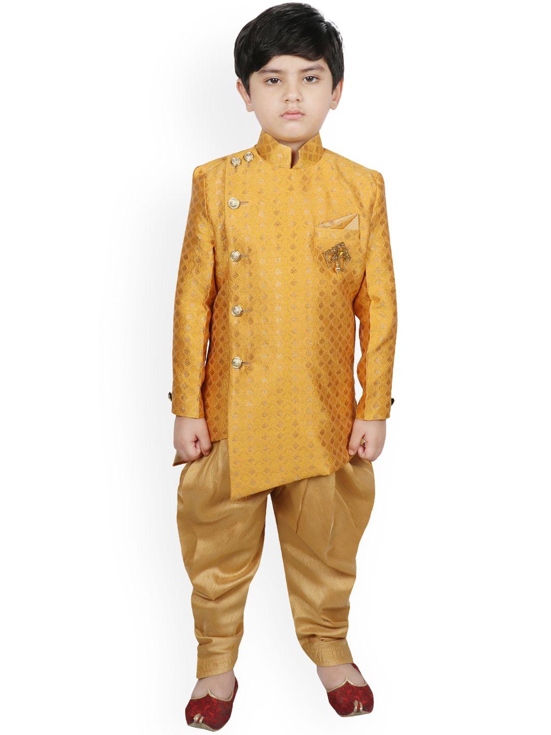 sg yuvraj boys mustard-yellow & beige woven-design woven-design raw-silk sherwani
