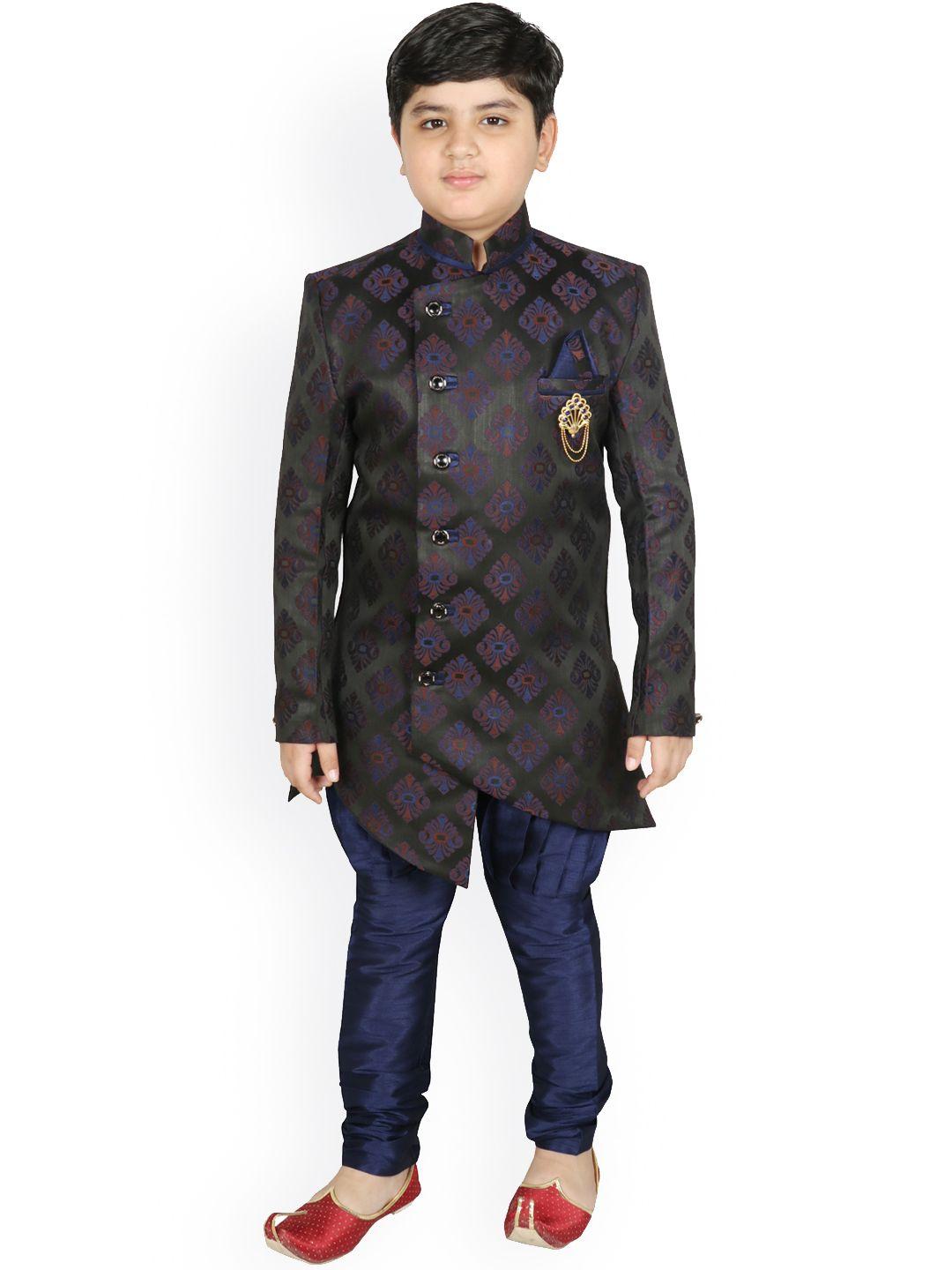 sg yuvraj boys navy blue woven design sherwani set