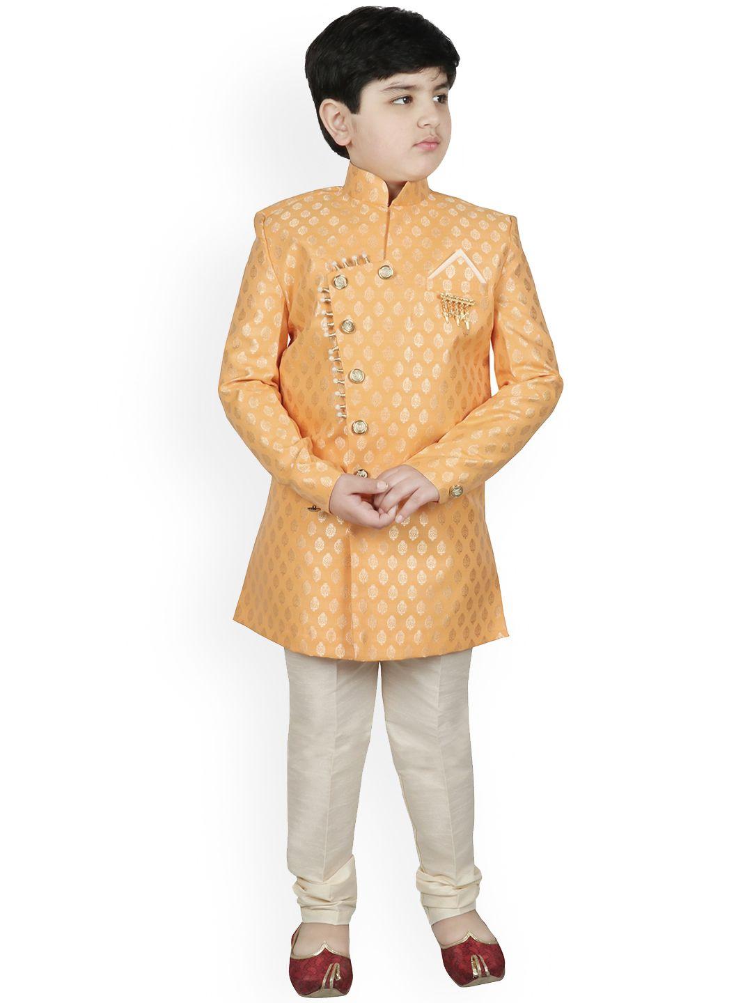 sg yuvraj boys orange & white woven design sherwani set