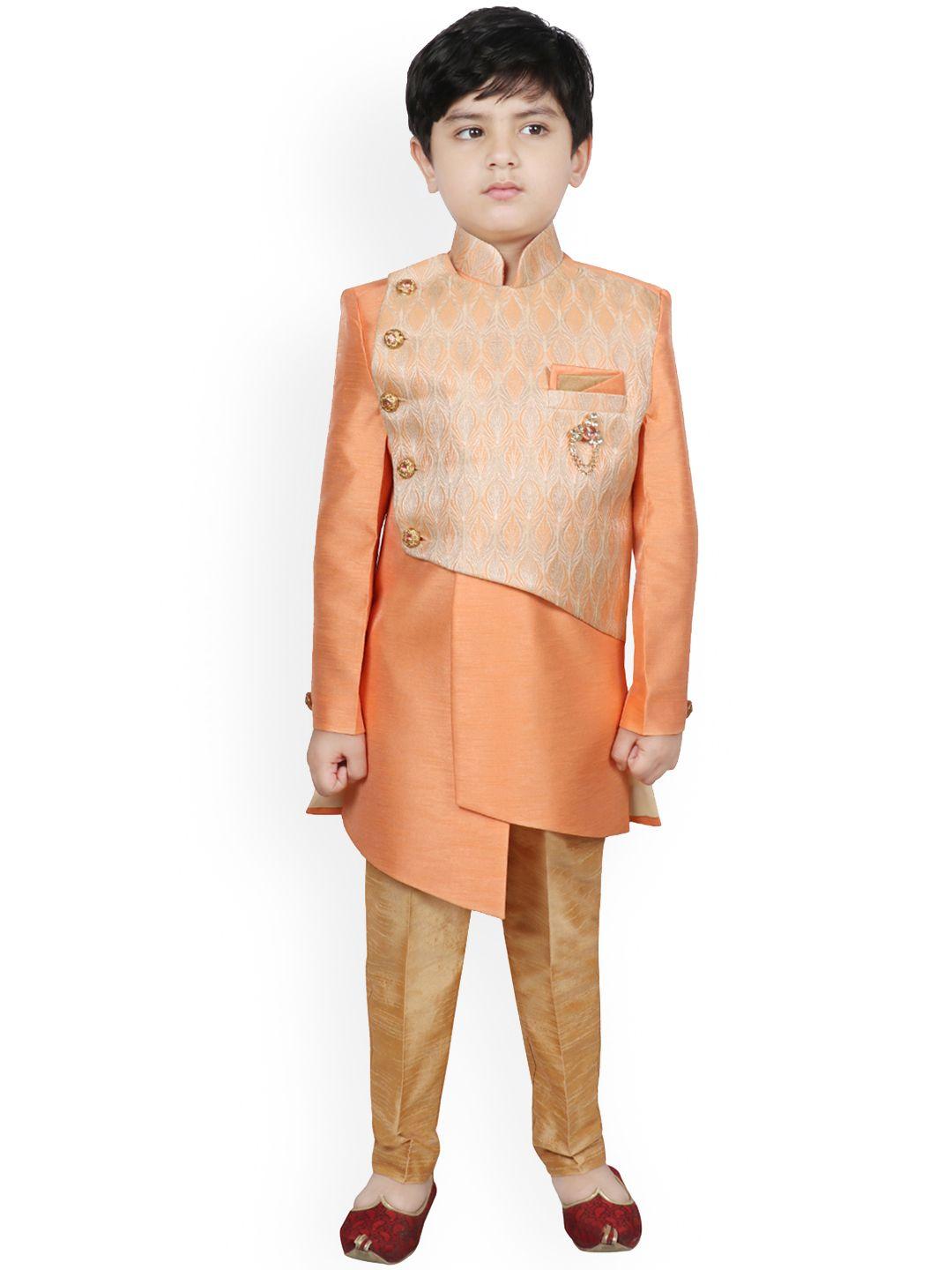 sg yuvraj boys orange woven-design raw-silk sherwani