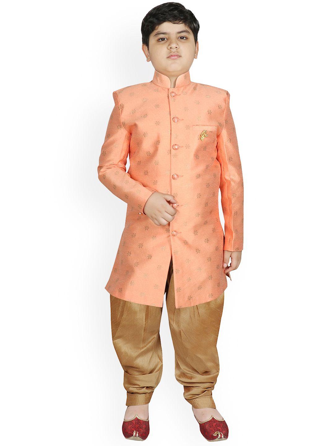 sg yuvraj boys peach colored & gold woven design sherwani
