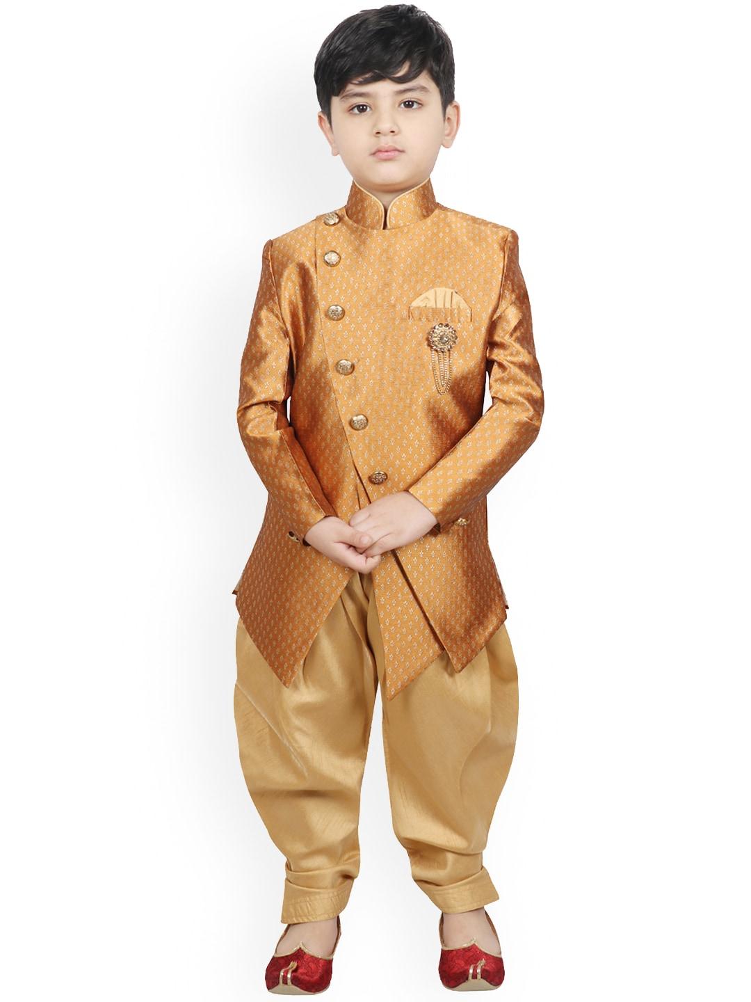 sg yuvraj boys rust-coloured & brown woven design sherwani set