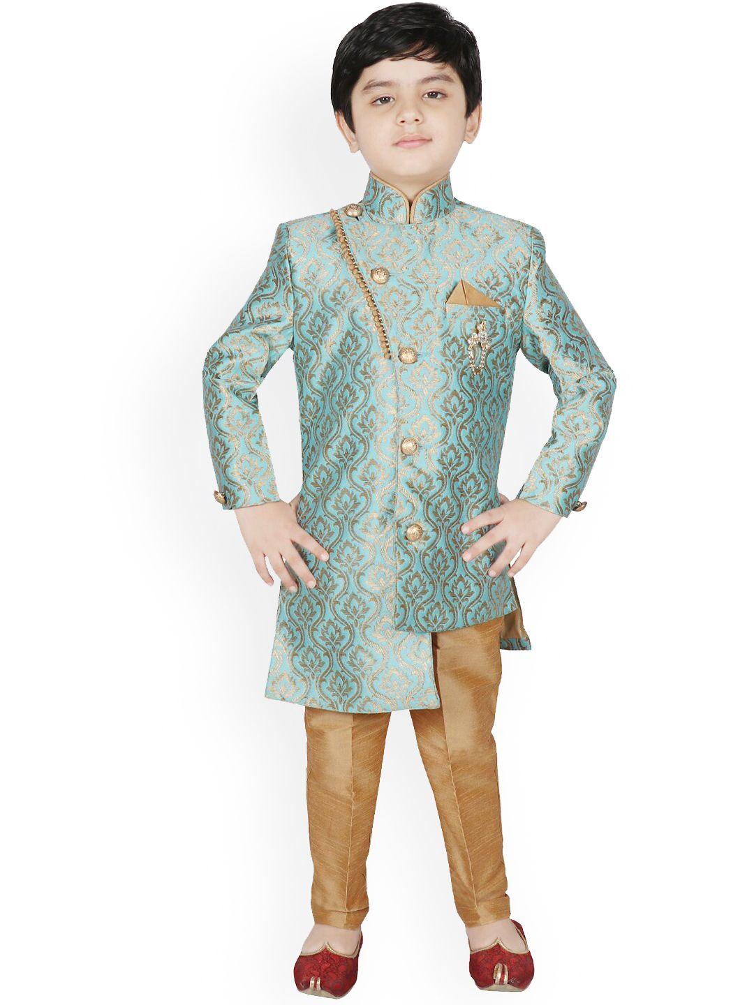 sg yuvraj boys turquoise blue & gold- colored woven-design sherwani set