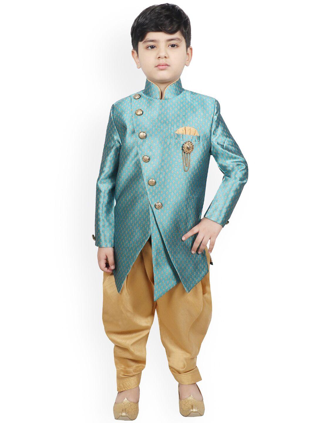 sg yuvraj boys turquoise blue & gold-coloured silk sherwani set