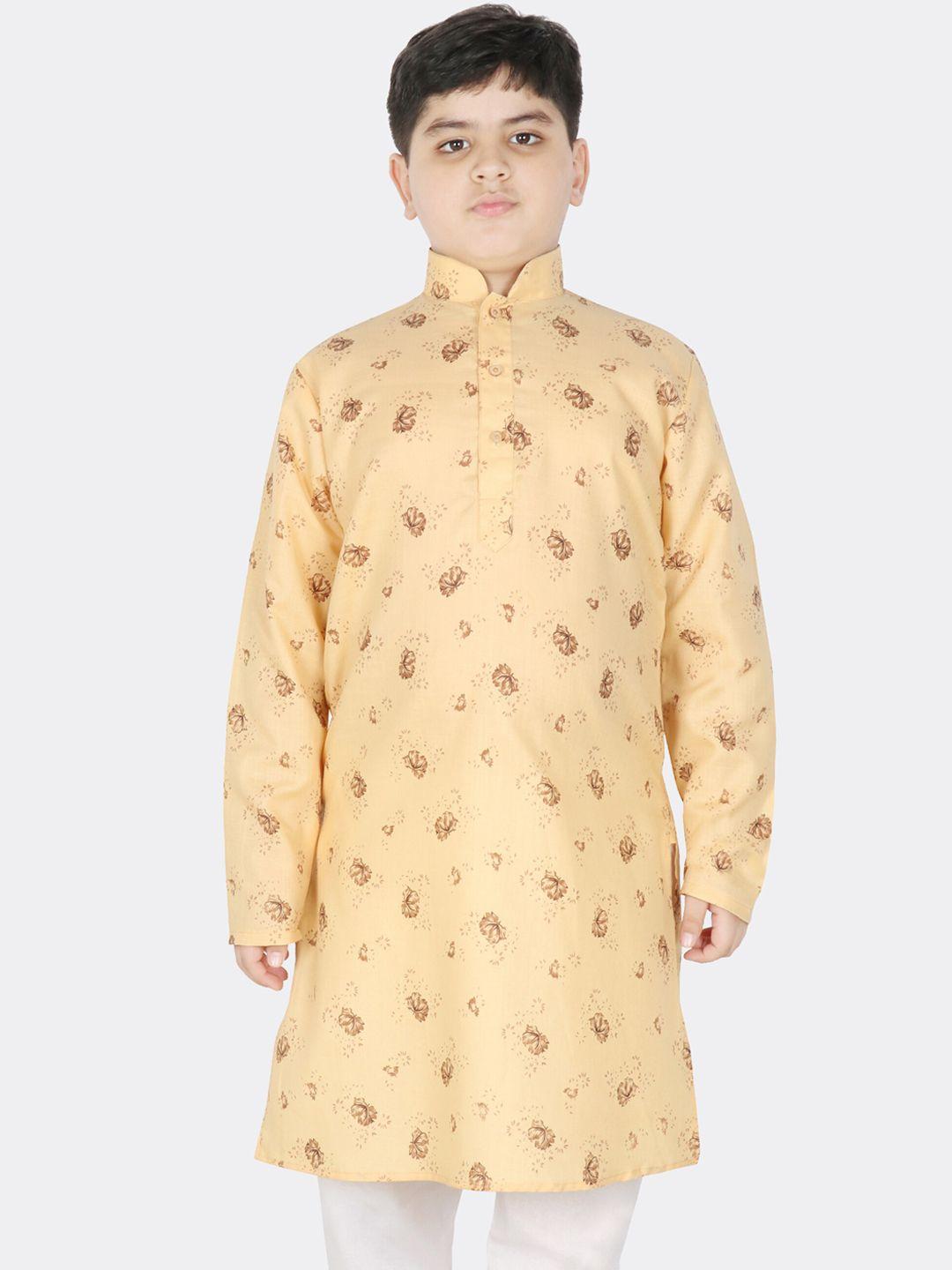 sg yuvraj boys yellow & brown floral printed cotton kurta