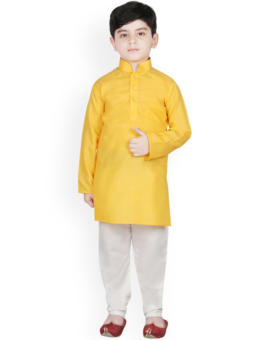 sg yuvraj boys yellow & cream-coloured solid kurta with pyjamas