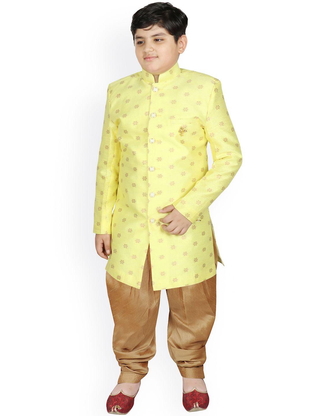 sg yuvraj boys yellow & gold printed sherwani set
