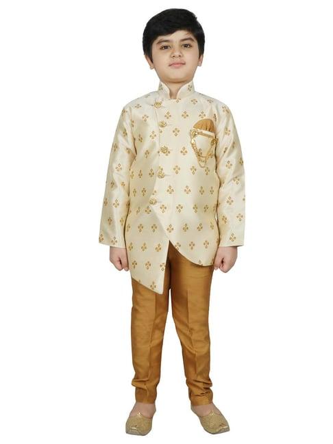 sg yuvraj kids beige & brown printed sherwani with pyjama