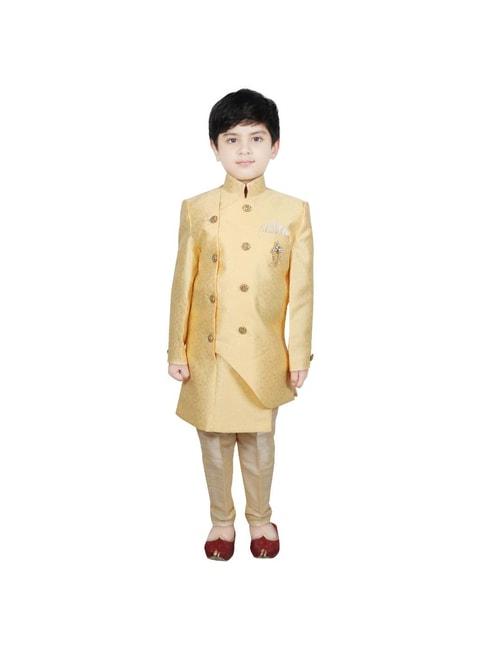 sg yuvraj kids beige & yellow printed sherwani with pyjama