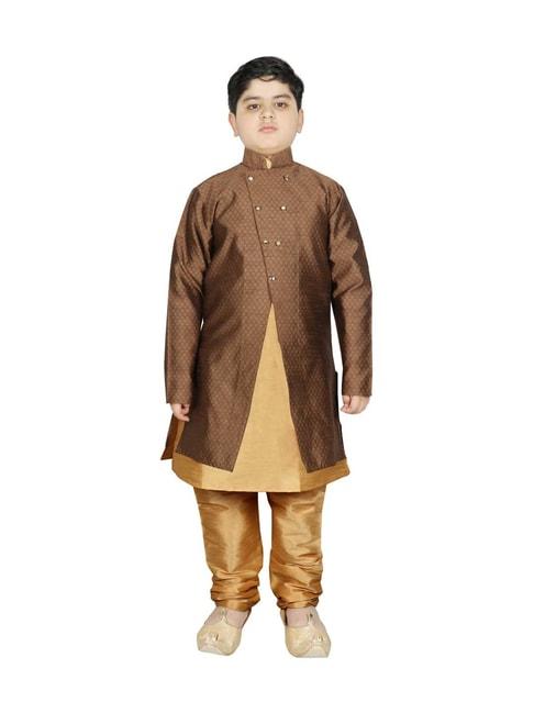 sg yuvraj kids brown & gold textured pattern full sleeves kurta set