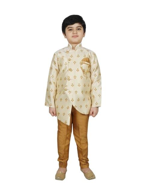 sg yuvraj kids cream & yellow printed full sleeves sherwani set