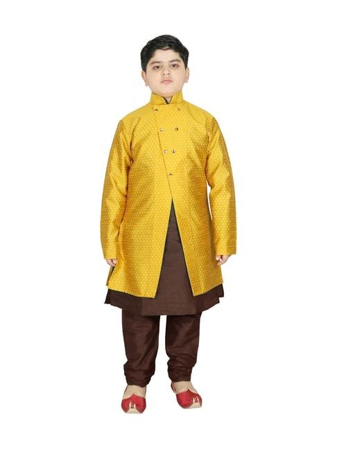 sg yuvraj kids yellow & brown textured pattern full sleeves kurta set