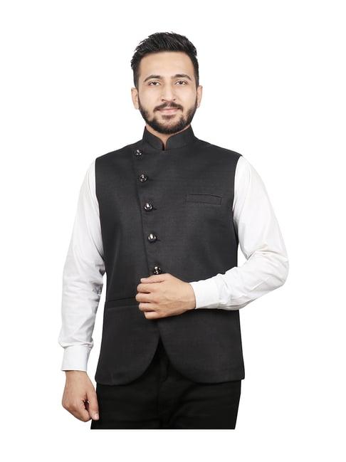 sg leman black regular fit solid nehru jacket