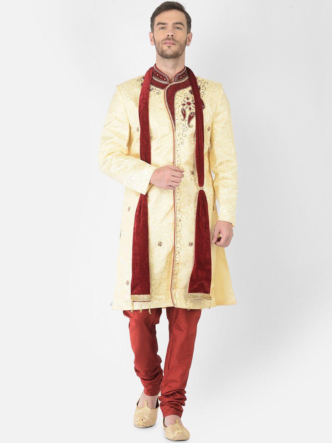 sg leman men beige & maroon embellished sherwani with churidar & stole