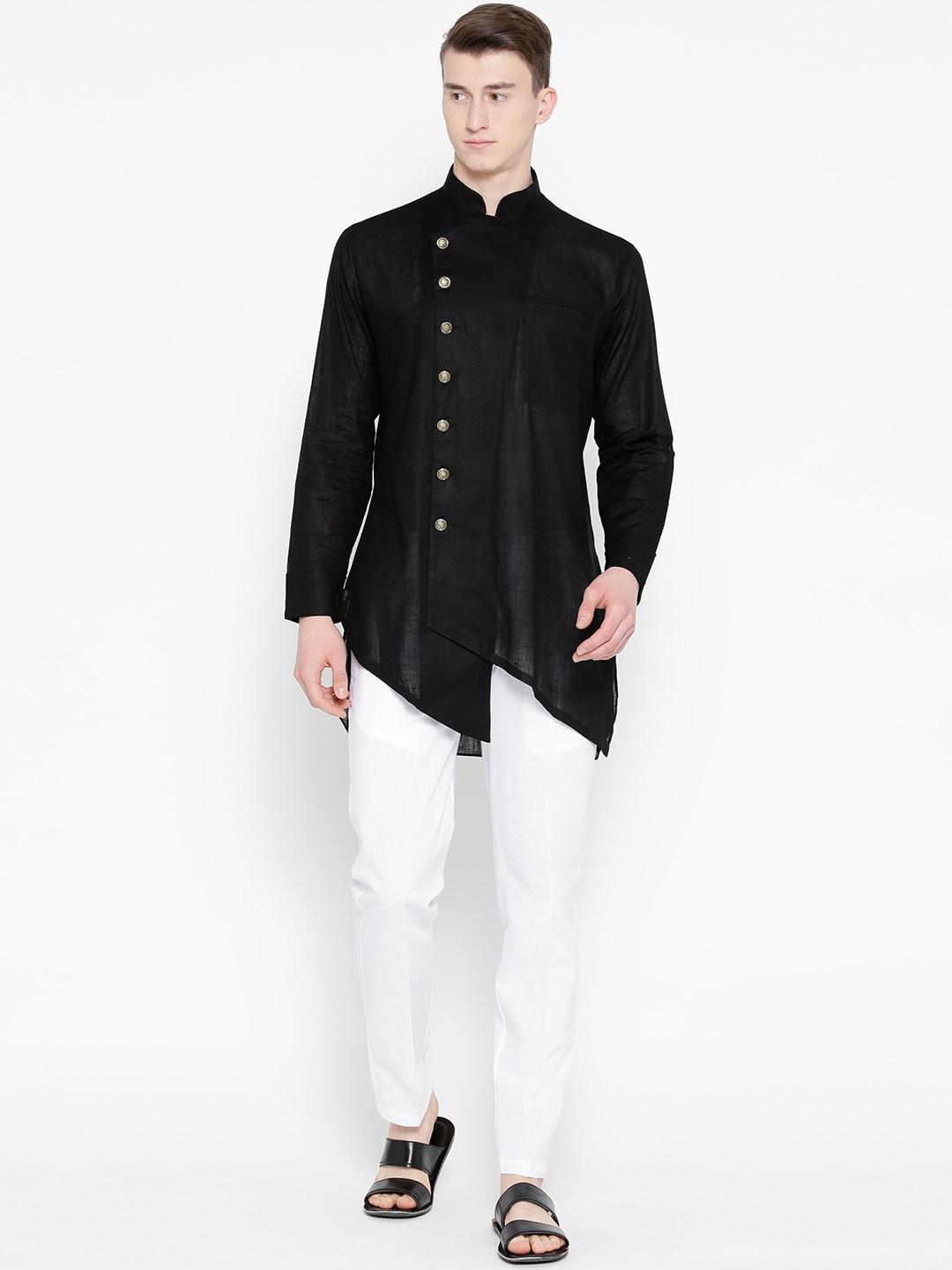 sg leman men black & white solid kurta with pyjamas