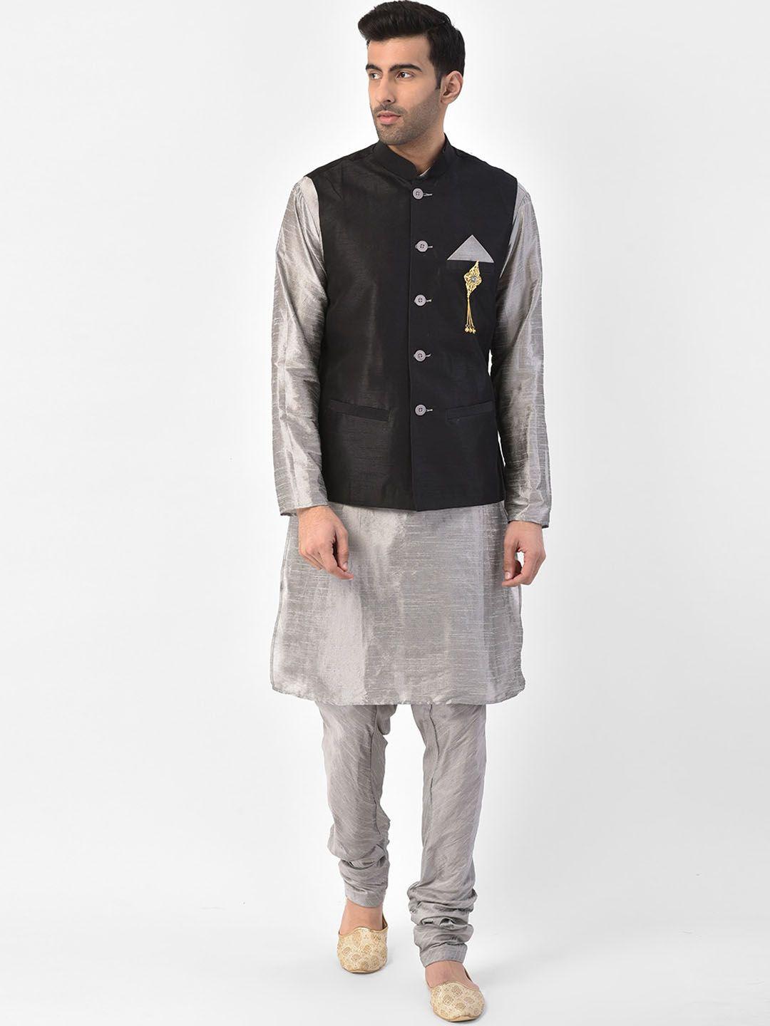 sg leman men black raw silk kurta with churidar