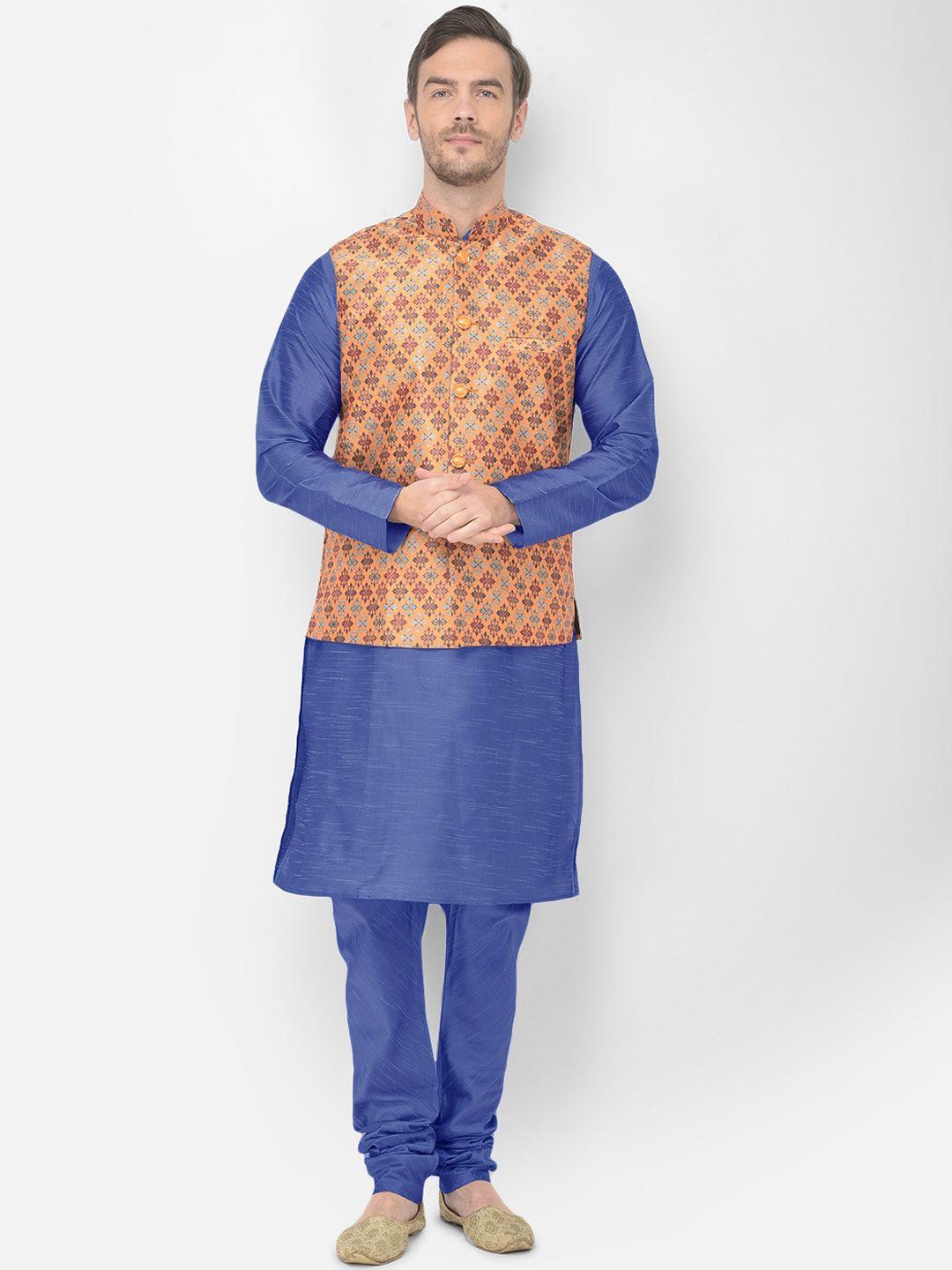sg leman men blue & yellow ethnic printed raw silk kurta with churidar