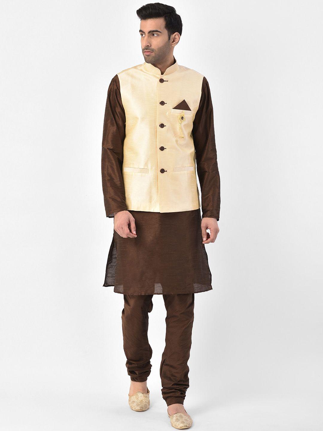sg leman men brown & beige solid kurta with churidar & nehru jacket