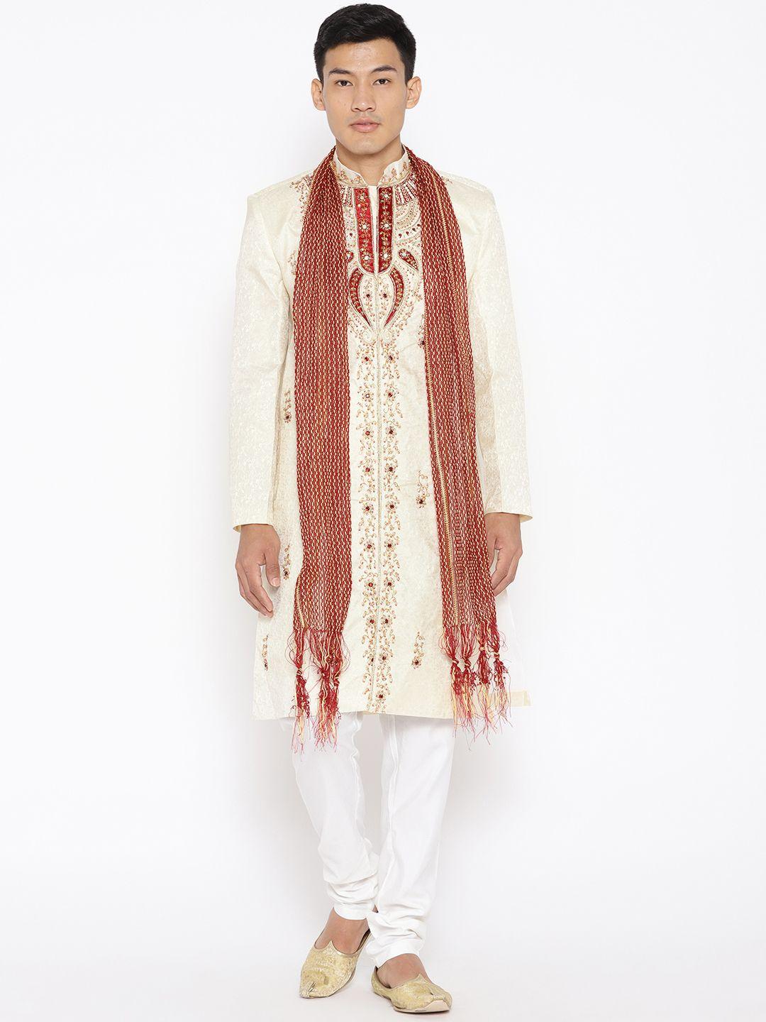 sg leman men cream-coloured & maroon embellished raw silk sherwani with churidar & stole