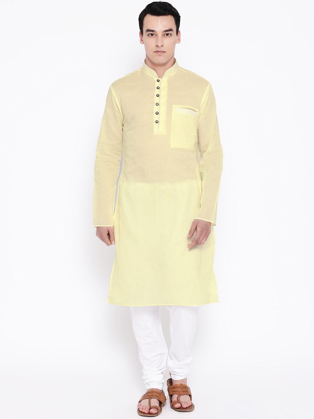 sg leman men cream-coloured & white semi-sheer solid kurta with churidar