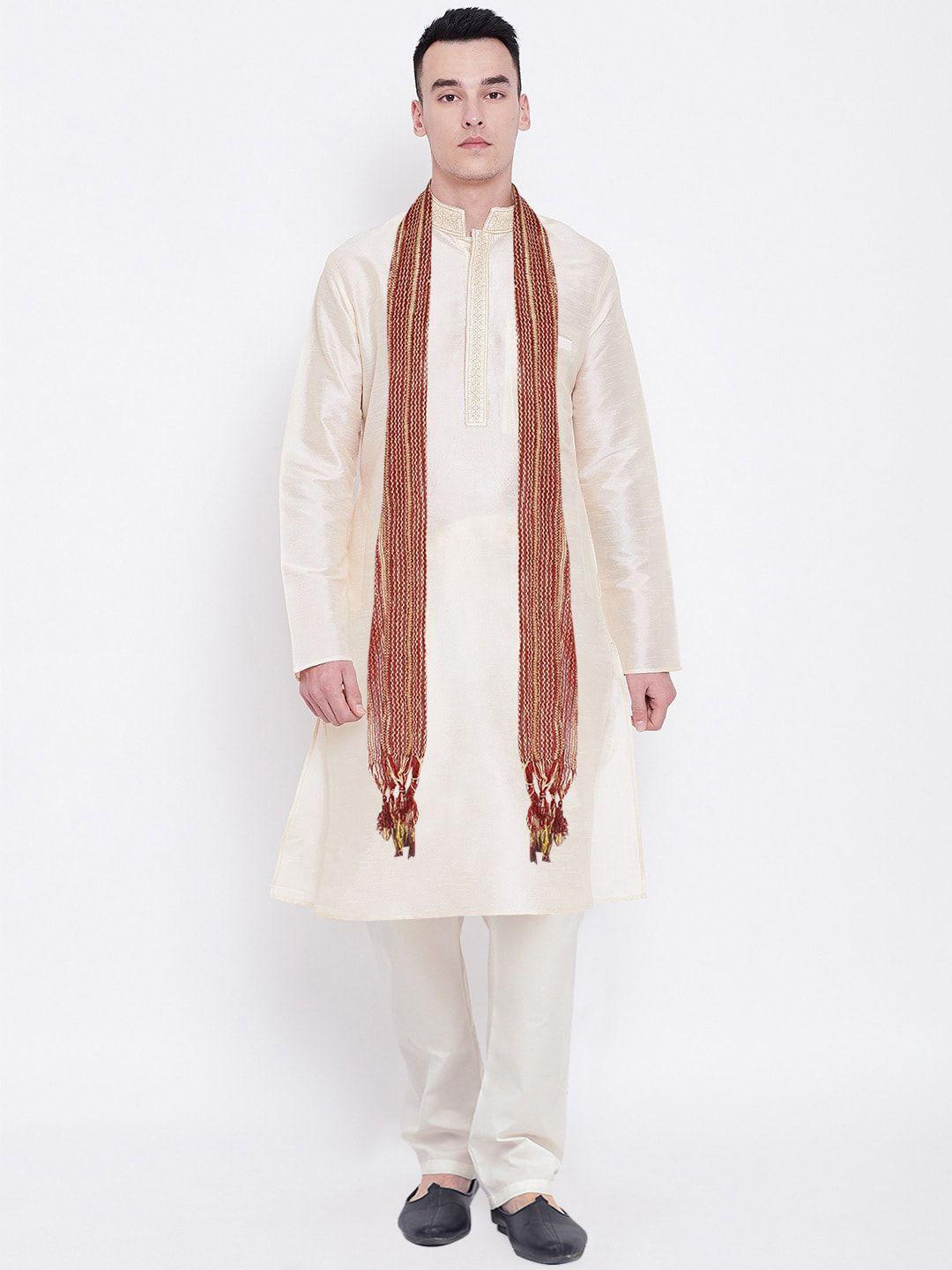 sg leman men cream-coloured solid raw silk kurta with churidar & dupatta