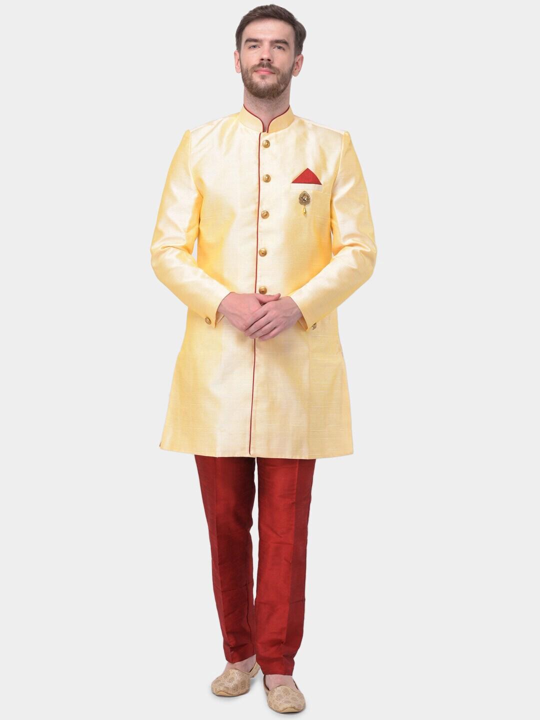 sg leman men gold woven-design sherwani set