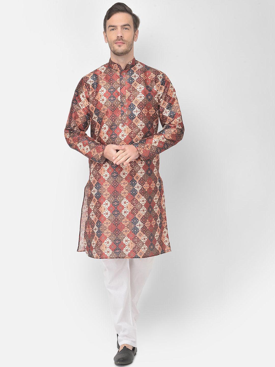 sg leman men multicoloured ethnic motifs printed raw silk kurta with pyjamas