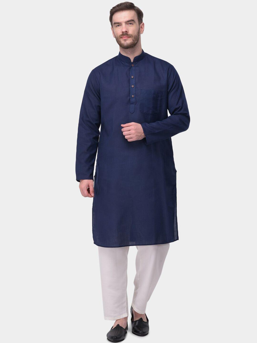 sg leman men navy blue & white solid kurta with pyjamas