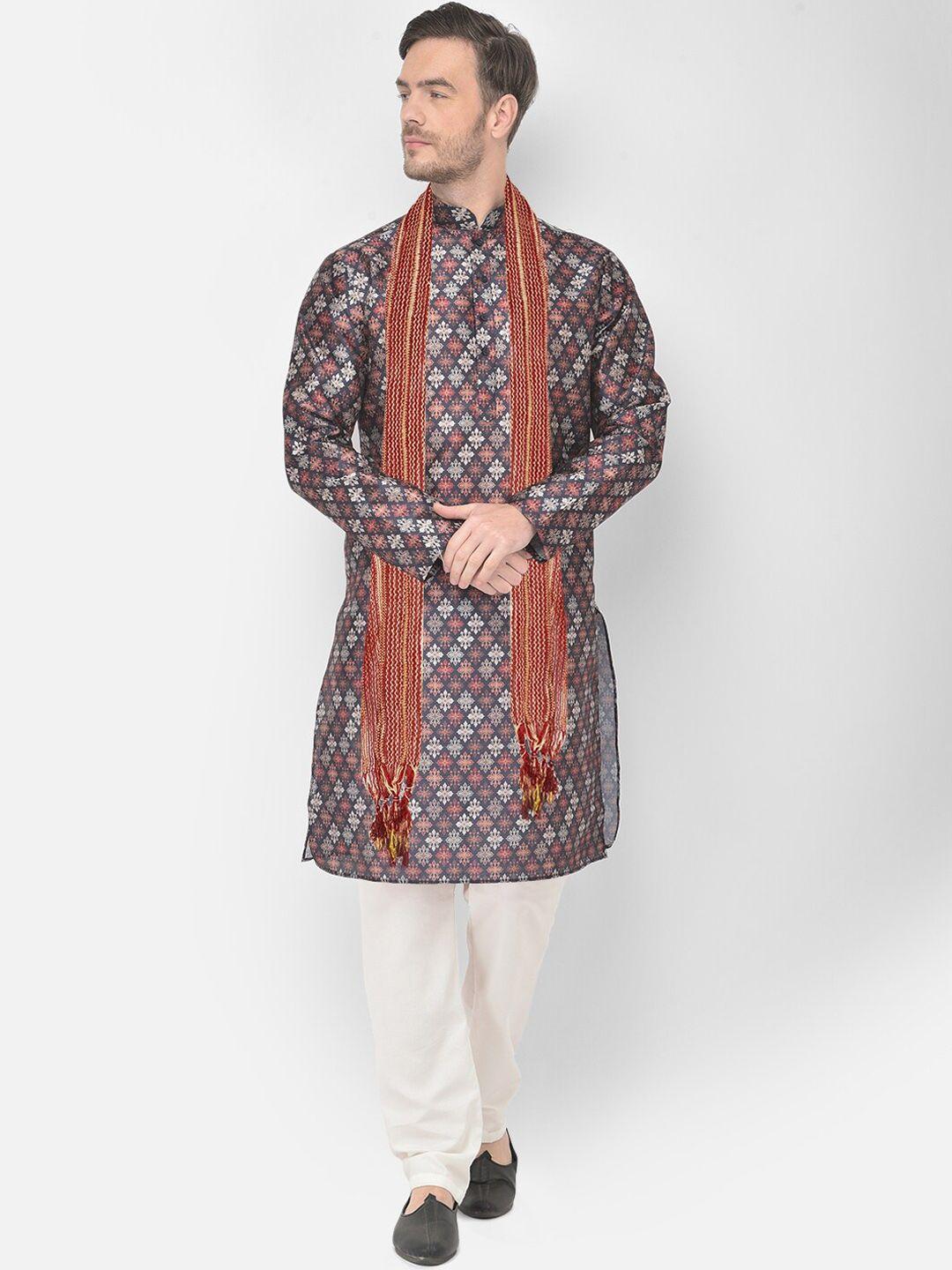 sg leman men navy blue ethnic motifs printed raw silk kurta with pyjama & with dupatta