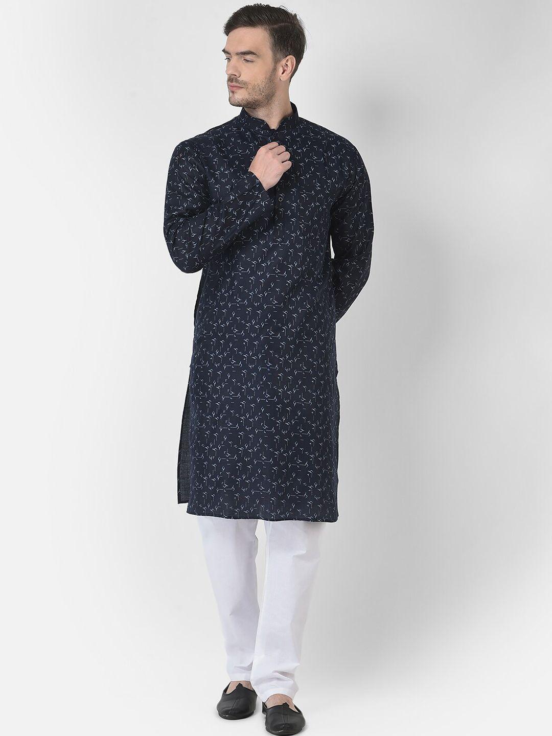 sg leman men navy blue printed kurta with trouser