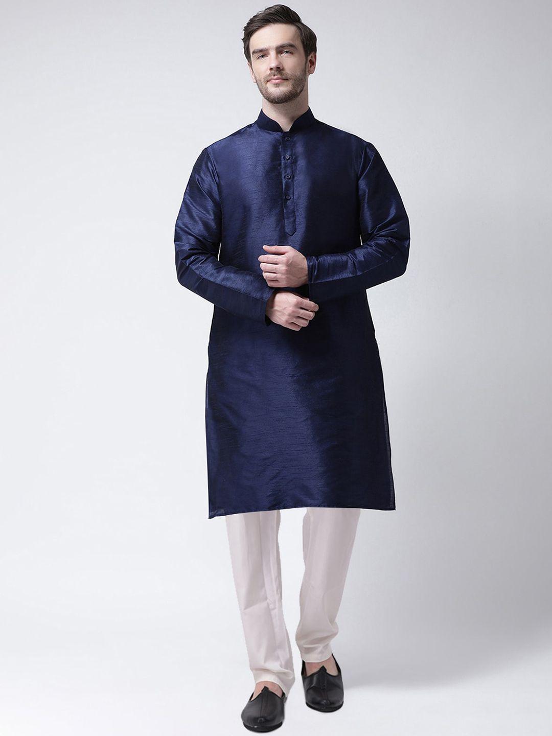 sg leman men navy blue yoke design raw silk kurta with pyjamas