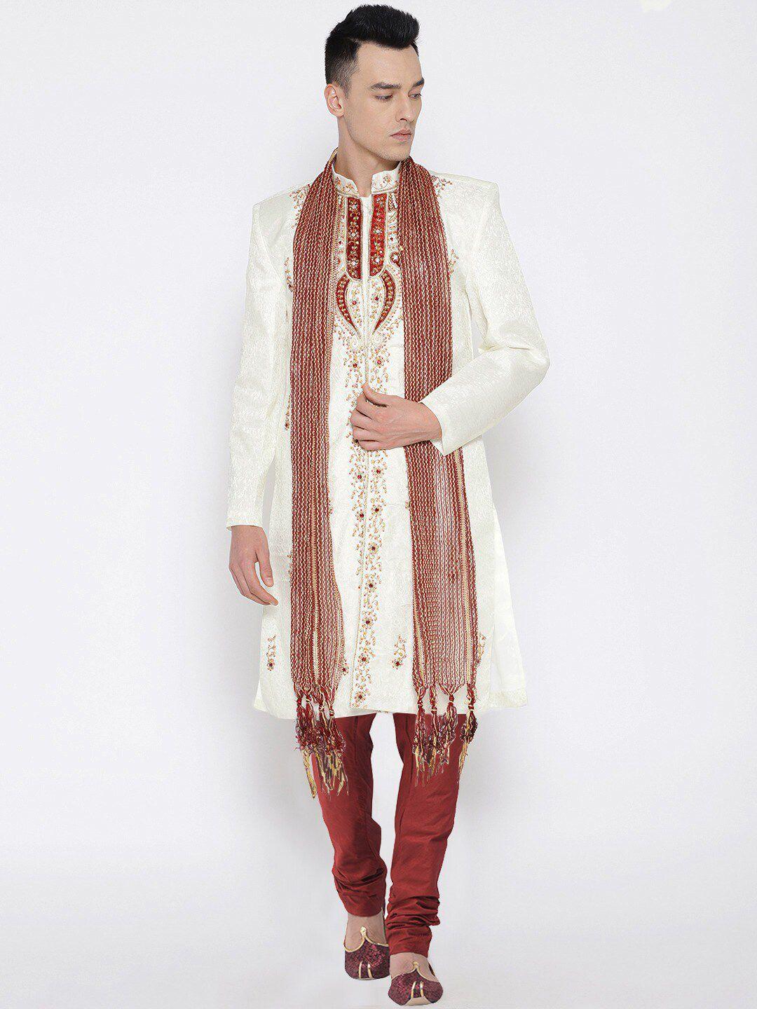 sg leman men off white and red embellished sherwani set