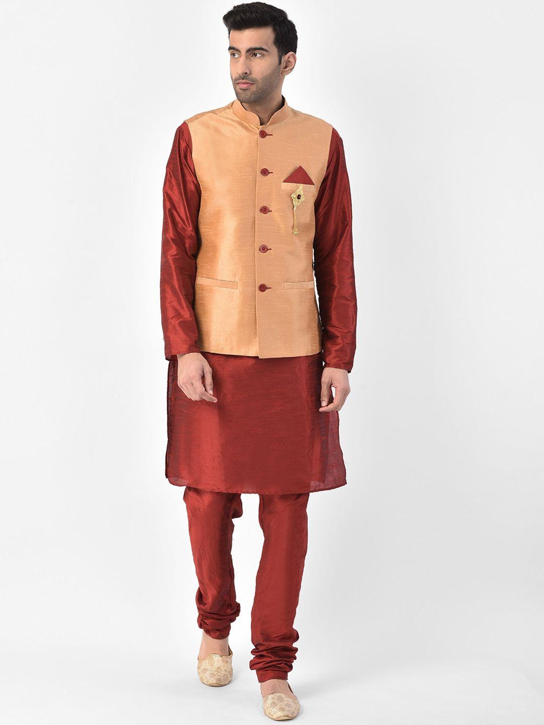 sg leman men orange & maroon solid kurta with churidar