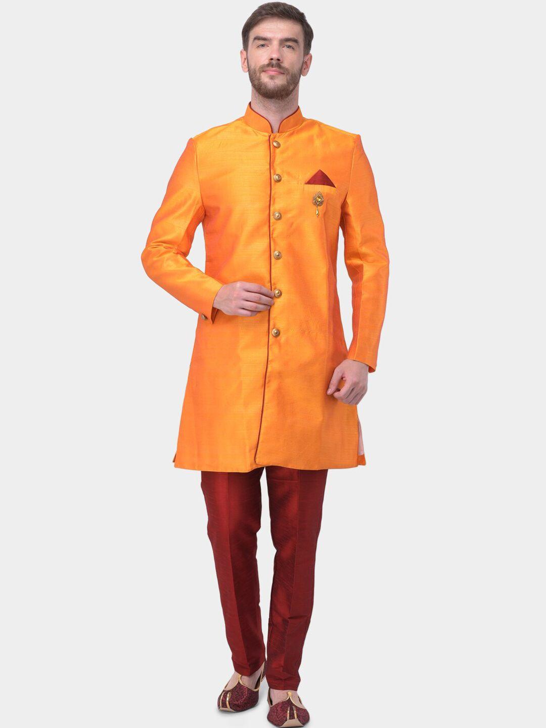 sg leman men orange & maroon solid sherwani